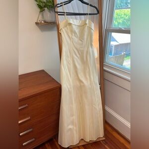 Elegant Cream/Limoncello Satin Sparkle Gown with Spaghetti Straps